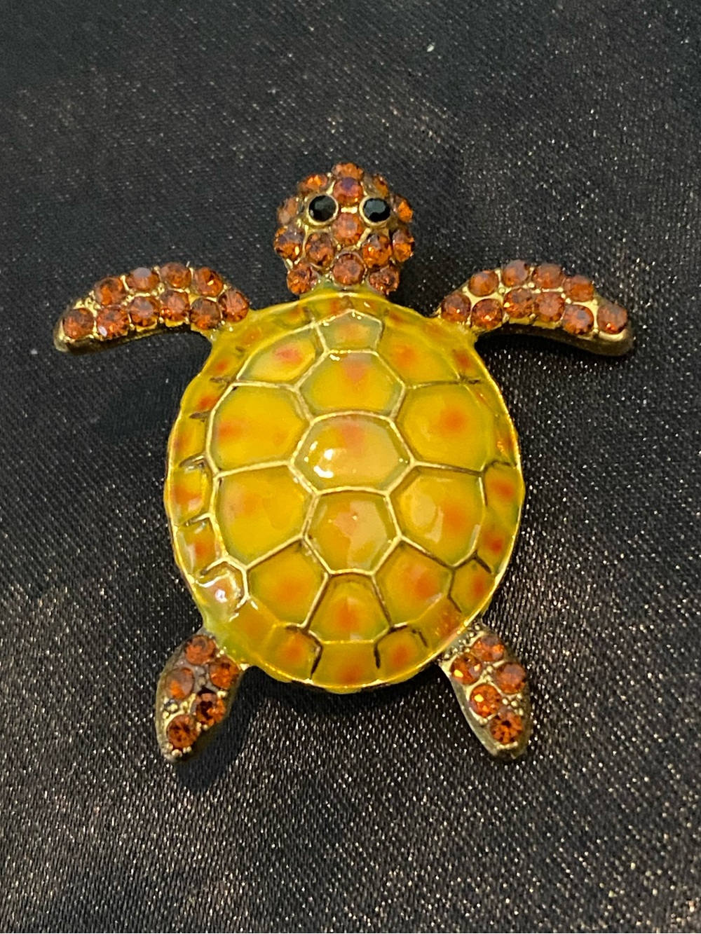 Enamel & Crystal Turtle Brooch - Yellow & Orange